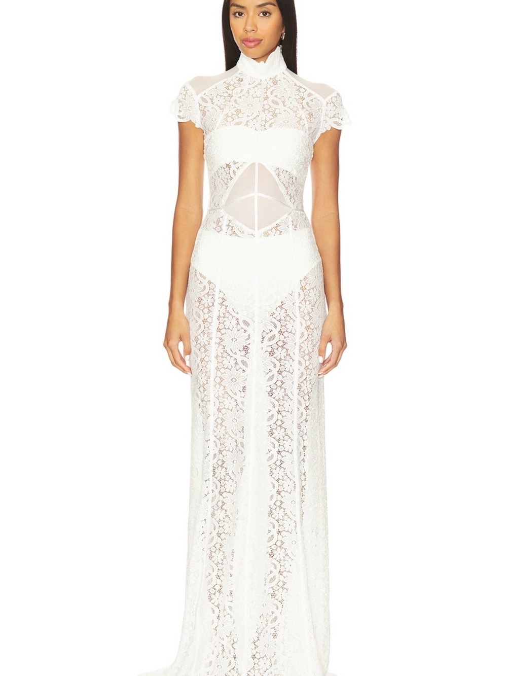 Deme Layla Gown - White Lace High-Neck Maxi Dress with Sheer Panels